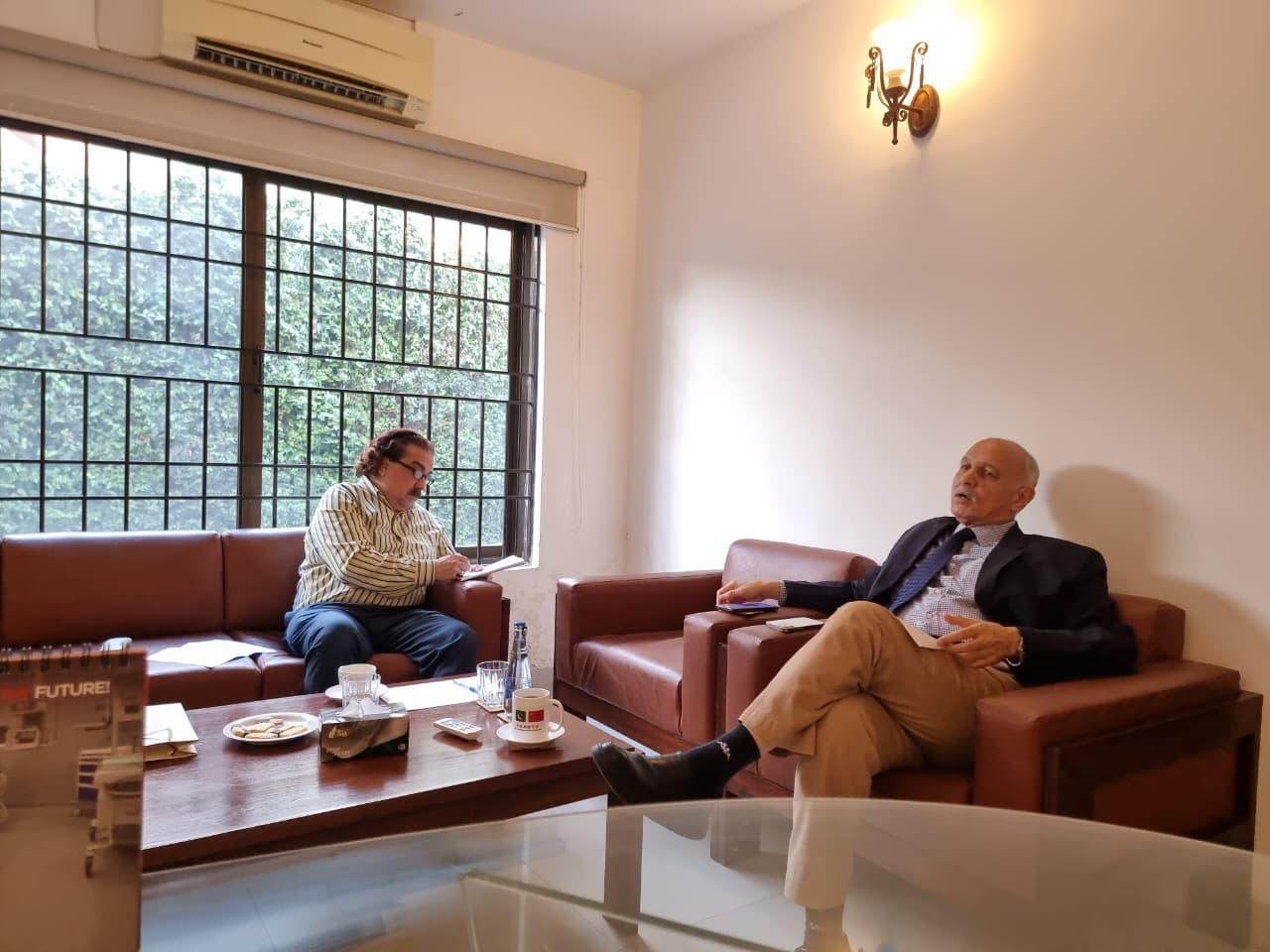 The author interviewing Mushahid Hussain